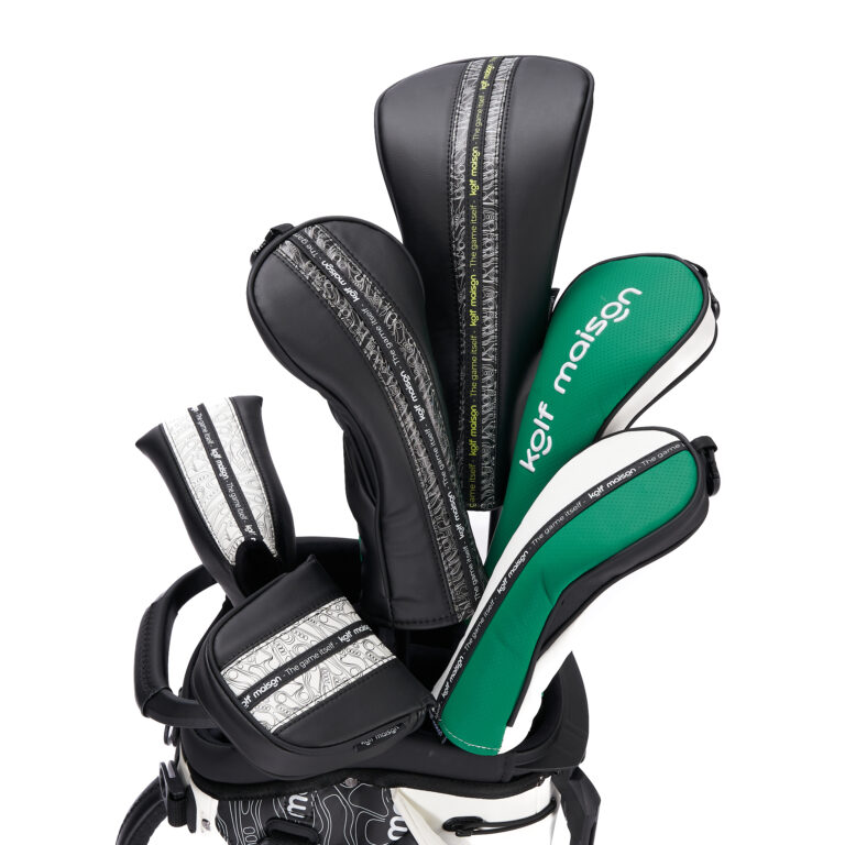 Luxury golf head cover set by Kolf Maison featuring driver, 3 wood, 5 wood, hybrid, and putter covers.