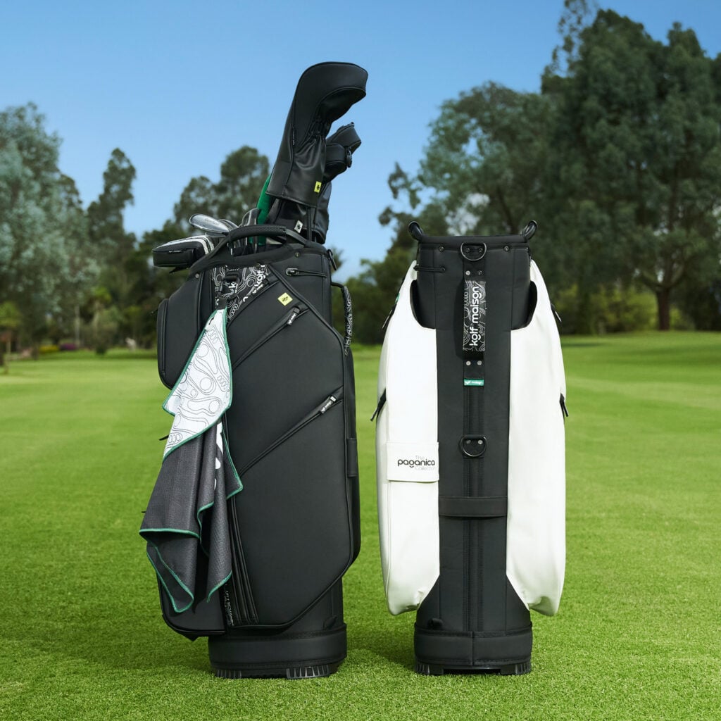 Luxury golf cart bag by Kolf Maison with premium PU leather and 14-way dividers.