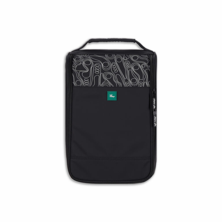 Luxury golf head cover set by Kolf Maison featuring driver, wood, hybrid, and putter covers. shoe tote