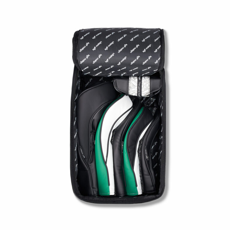 Elegant golf head cover set including driver, wood, hybrid, and putter covers in a luxury shoe tote.