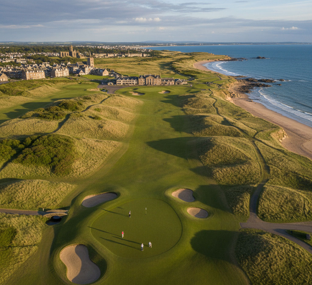Elegant Kolf Maison golf bag on the green of the renowned St. Andrews golf course